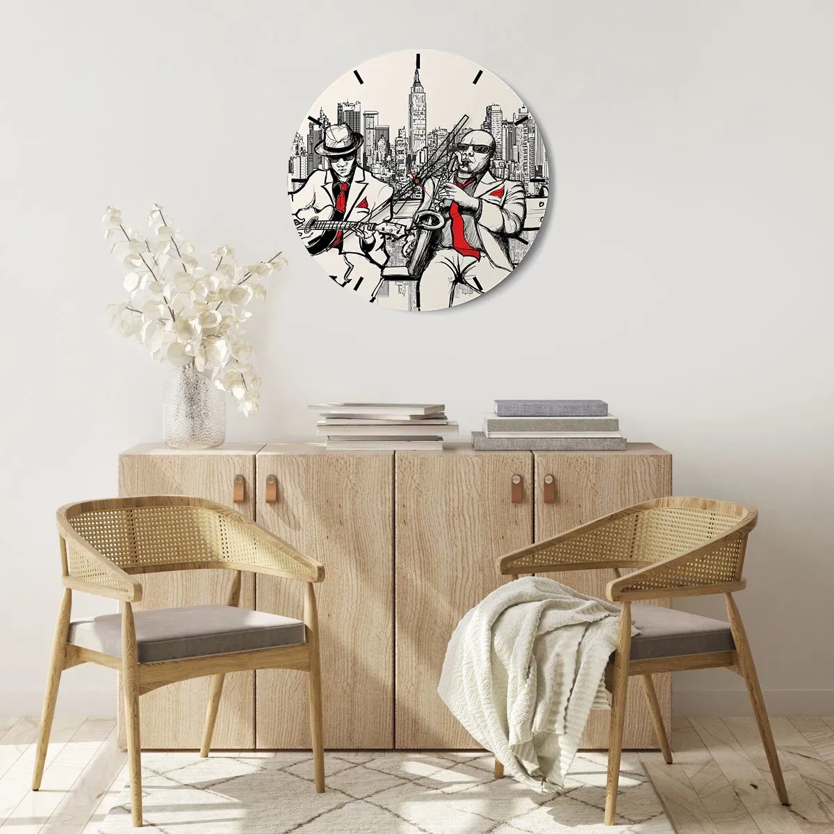 Wall clock - Clock on glass - A clock face with a motif of jazz musicians against the backdrop of New York City - 30x30cm - New York Improvisation - Modern wall decoration for the living room, kitchen, and bedroom ARTTOR