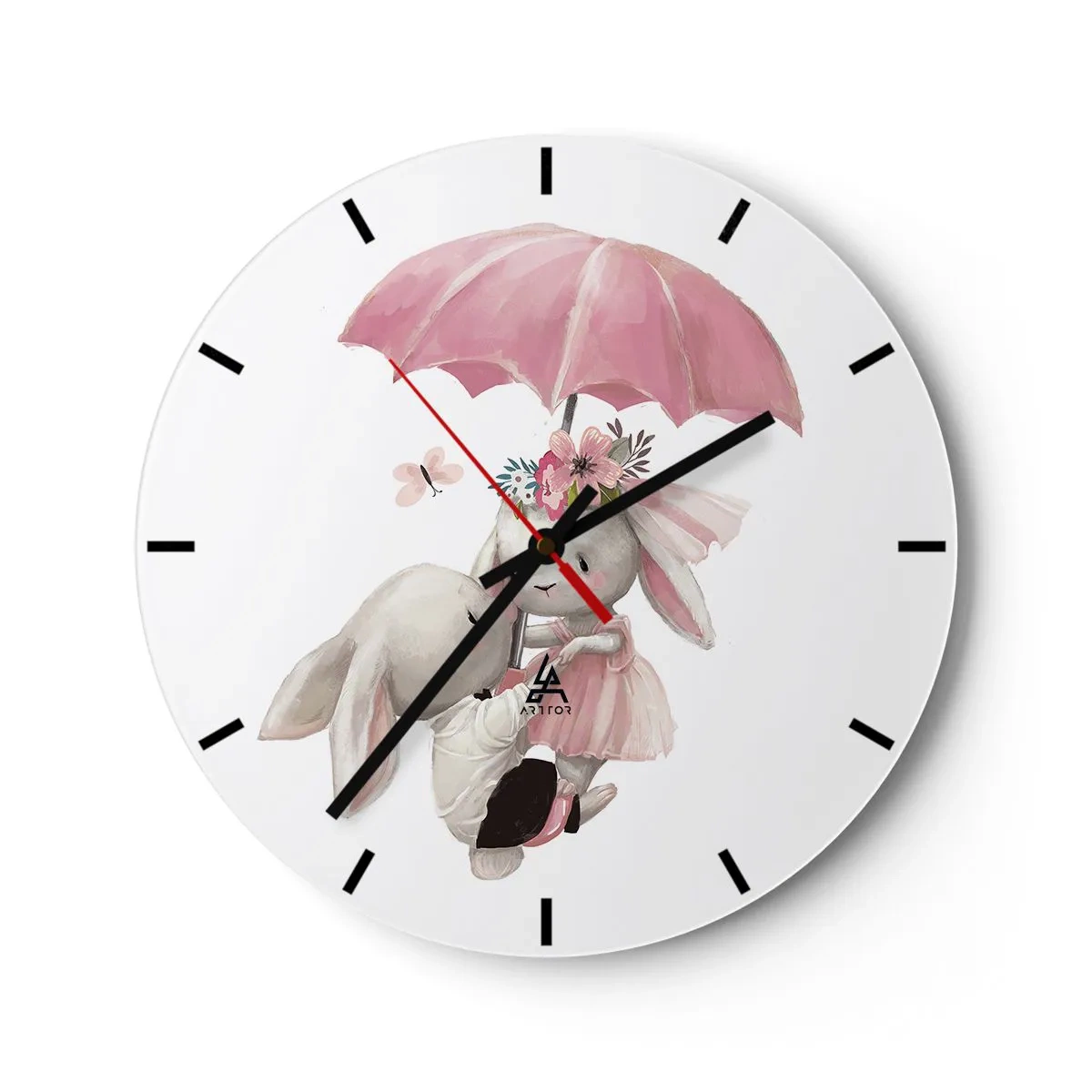 Wall clock - Clock on glass - Two rabbits under a pink umbrella with floral decorations - 30x30cm - This Is Love - Modern wall decoration for the living room, kitchen, and bedroom ARTTOR