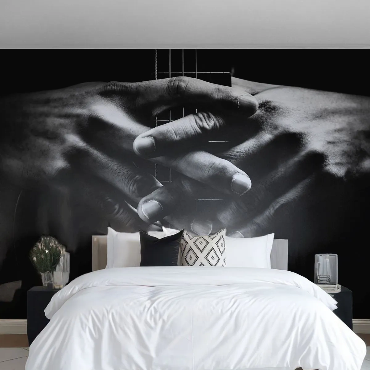 Photo Wallpaper Standard Eco - Hands cupped on a guitar neck in black and white - 100x70cm - Artist's Prayer - Modern wall decoration for the living room and bedroom ARTTOR