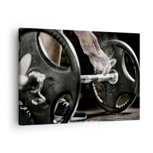 Canvas picture - Dumbbells and an athlete's hands preparing for training - 70x50cm - Challenge Accepted! - Modern wall decoration for the living room and bedroom ARTTOR