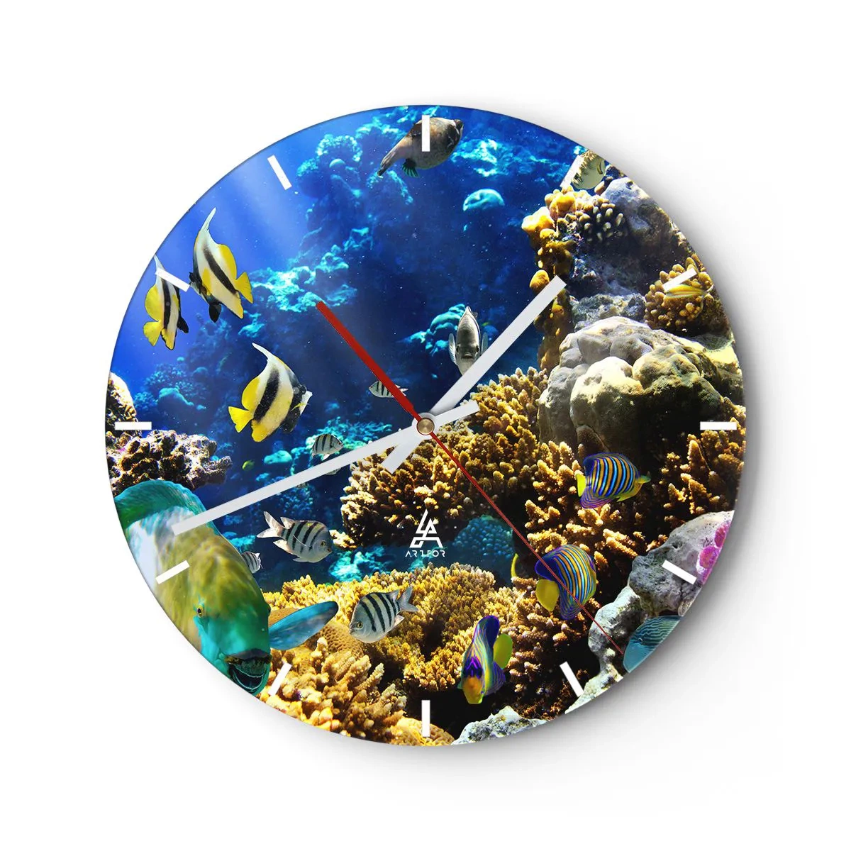 Wall clock - Clock on glass - Coral reef with tropical fish in the blue ocean - 30x30cm - Big Traffic to Holiday Destination - Modern wall decoration for the living room, kitchen, and bedroom ARTTOR