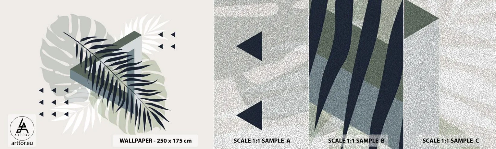 Photo Wallpaper Sample Premium Sand - Nature and Geometry - Two Orders? - Monstera Leaf, Palm Leaf, Graphics - 100x30 cm