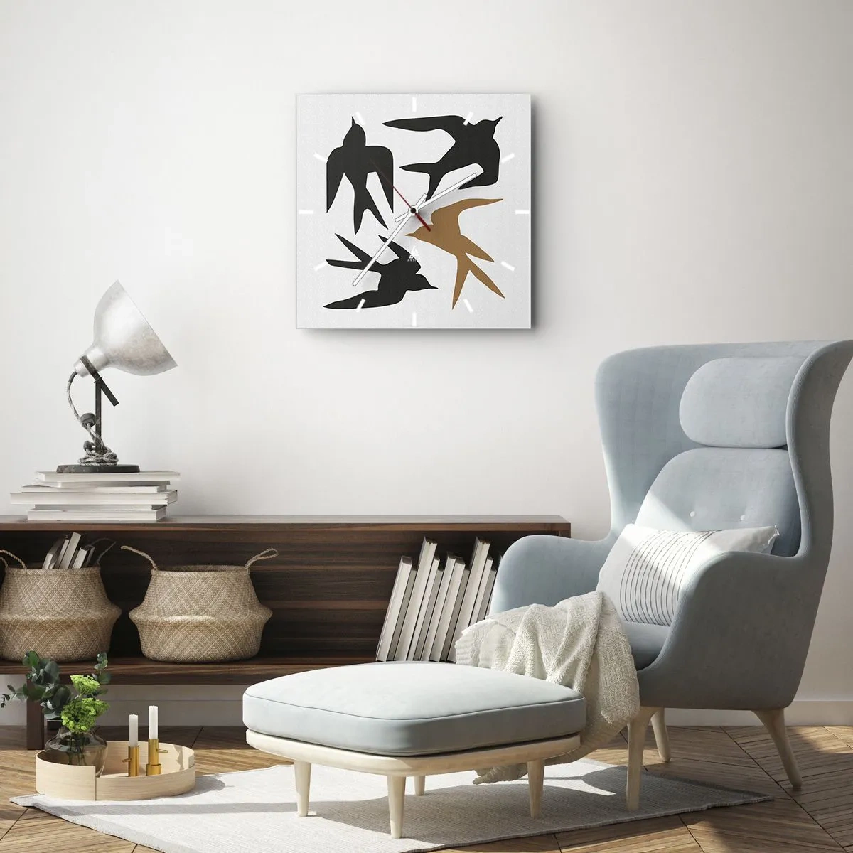 Wall clock - Clock on glass - Swallows at Play - 30x30 cm