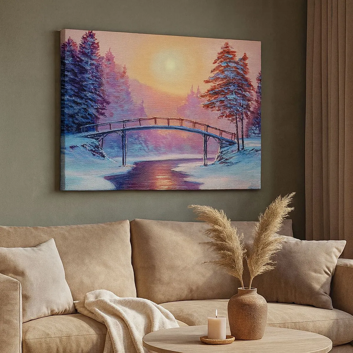 Canvas picture - Winter landscape with a bridge illuminated by the sunset - 70x50cm - Four Seasons - Winter - Modern wall decoration for the living room and bedroom ARTTOR
