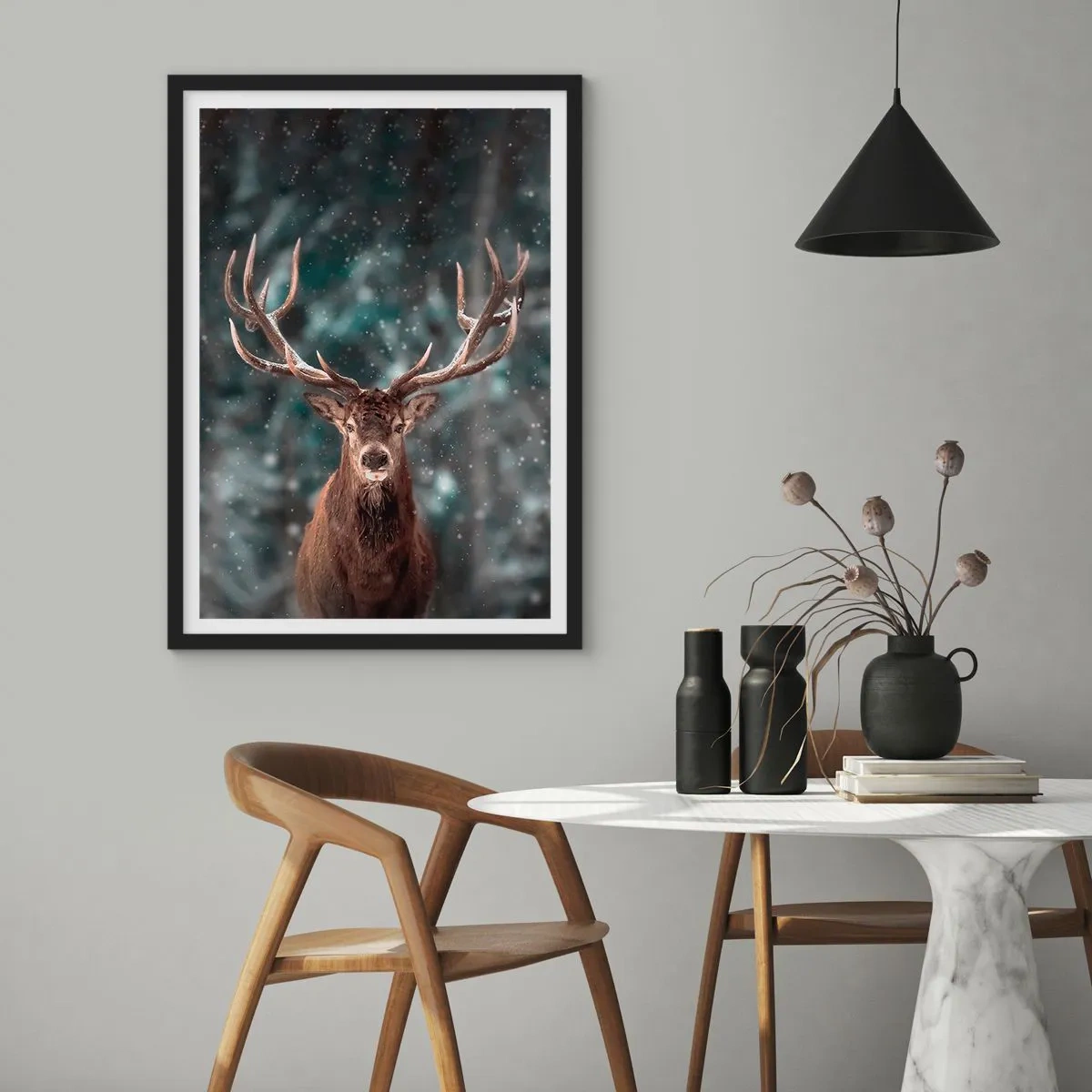 Poster in black frame - Portrait of a deer with impressive antlers against the backdrop of a winter forest - 50x70cm - King of Forest Crowned - Modern wall decoration for the living room and bedroom ARTTOR