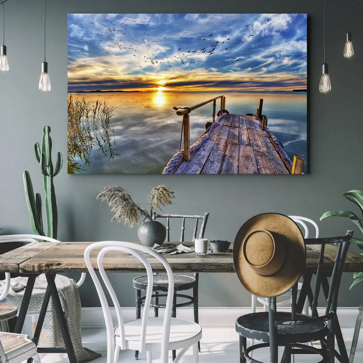 Canvas picture - Wooden jetty over the lake at sunset - 70x50cm - Wind is Taking a Break - Modern wall decoration for the living room and bedroom ARTTOR