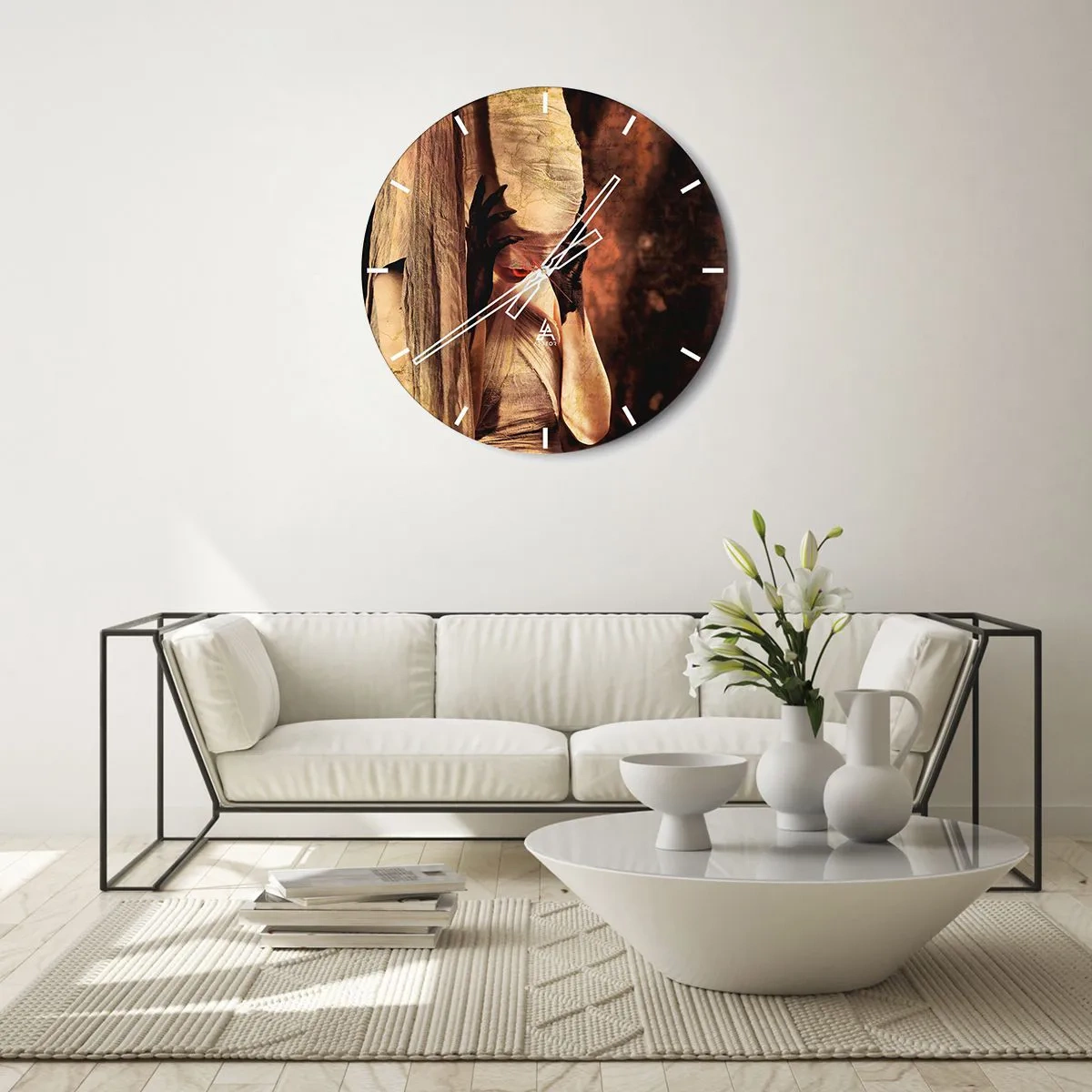Wall clock - Clock on glass - A figure wrapped in bandages in an artistic light - 30x30cm - Between Good and Evil - Modern wall decoration for the living room, kitchen, and bedroom ARTTOR
