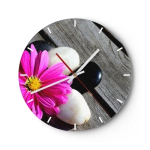 Wall clock - Clock on glass - A pink flower against a background of stones and a wooden base. - 30x30cm - Rest on a Pier - Modern wall decoration for the living room, kitchen, and bedroom ARTTOR
