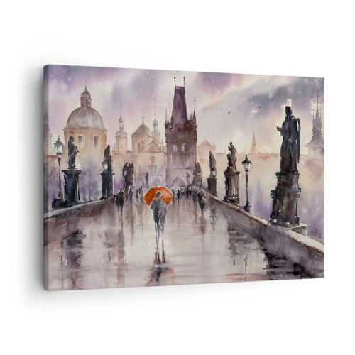 Canvas picture - Romantic view of a bridge with an umbrella against the backdrop of an evening city - 70x50cm - Peaople Don't Change - Modern wall decoration for the living room and bedroom ARTTOR
