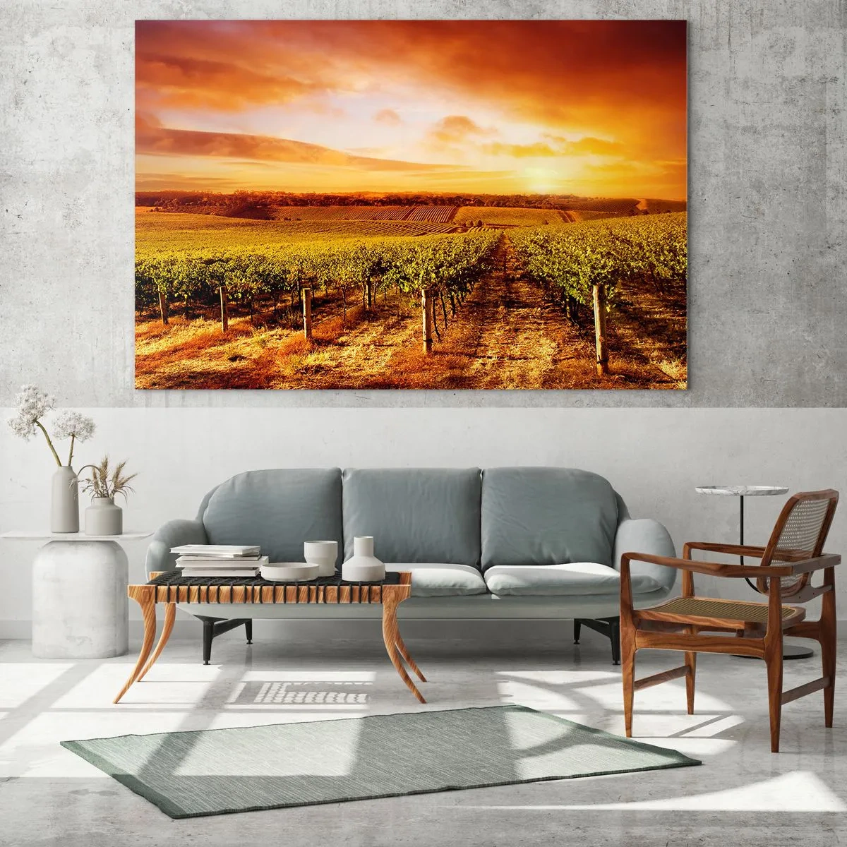 Glass picture - Grapevines in a field at sunset - 70x50cm - Delicatly Fruity with a Note of the Sun - Modern wall decoration for the living room and bedroom ARTTOR