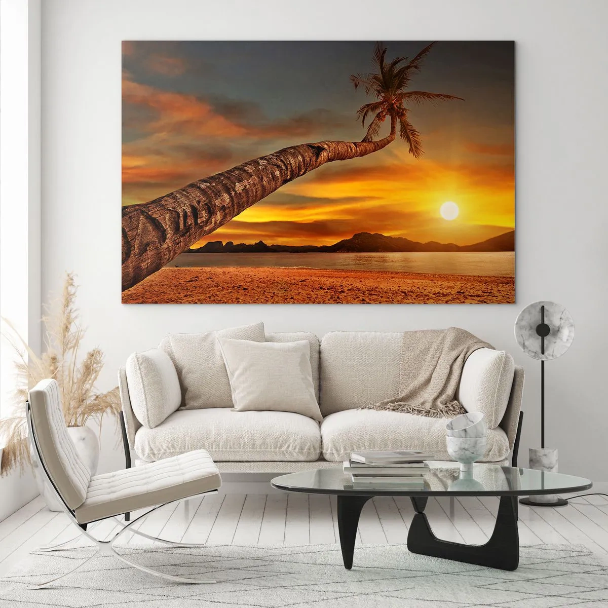 Glass picture - Palm tree on a tropical beach at sunset - 70x50cm - Exotic Holiday, Caribbean Adventure - Modern wall decoration for the living room and bedroom ARTTOR