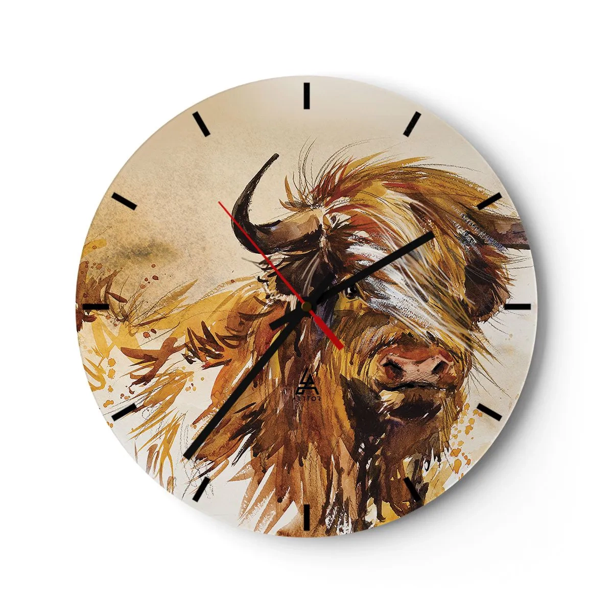 Wall clock - Clock on glass - A painted illustration of a Scottish bull with flowing fur - 30x30cm - Pride of a Hunter - Modern wall decoration for the living room, kitchen, and bedroom ARTTOR