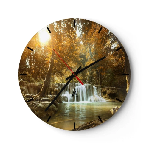 Wall clock - Clock on glass - A picturesque waterfall surrounded by autumn trees - 30x30cm - Park Cascade - Modern wall decoration for the living room, kitchen, and bedroom ARTTOR