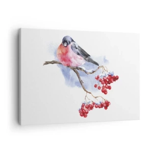 Canvas picture - Bird on a branch with red fruit in the watercolor background - 70x50cm - Winter in Colour - Modern wall decoration for the living room and bedroom ARTTOR