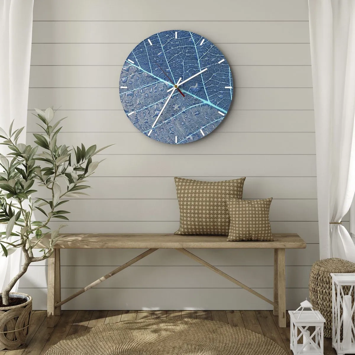 Wall clock - Clock on glass - Leaf structure in shades of blue and gray - 30x30cm - Life in the Blue - Modern wall decoration for the living room, kitchen, and bedroom ARTTOR