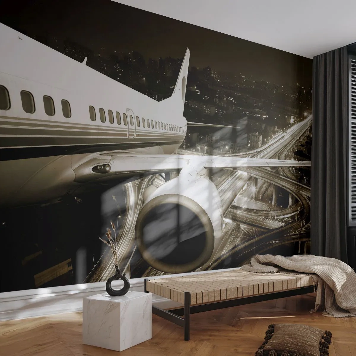 Photo Wallpaper Premium Canvas - Flying into the Night - Plane, City, Automotive - 250x175 cm