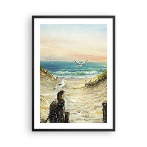 Poster in black frame - Beach with seagulls and waves at sunset - 50x70cm - Airless Retreat - Modern wall decoration for the living room and bedroom ARTTOR