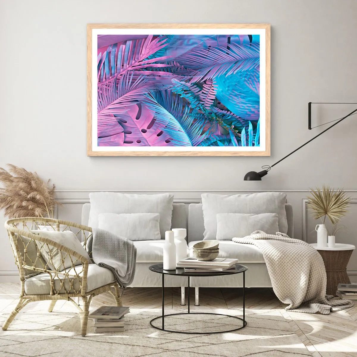Poster in light oak frame - Tropics in Pink and Blue - 91x61 cm