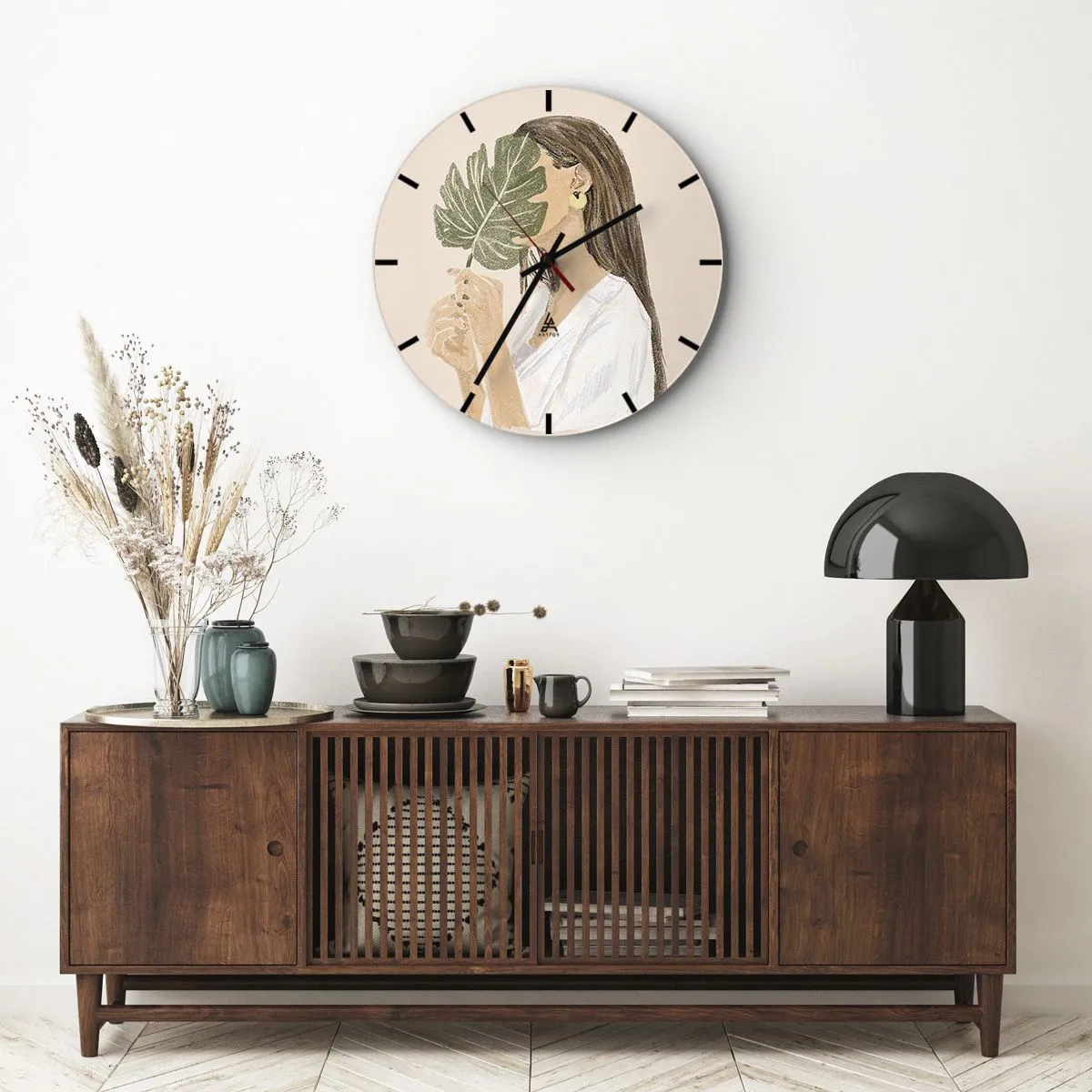 Wall clock - Clock on glass - A female silhouette obscured by a monstera leaf against a light background. - 30x30cm - Mysterious Portrait with a Fan - Modern wall decoration for the living room, kitchen, and bedroom ARTTOR