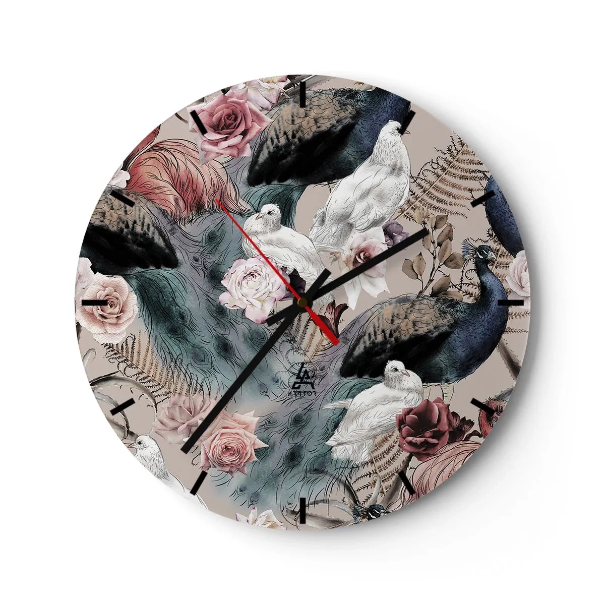 Wall clock - Clock on glass - Peacock and white birds among flowers on a beige background - 30x30cm - In Palace Garden - Modern wall decoration for the living room, kitchen, and bedroom ARTTOR