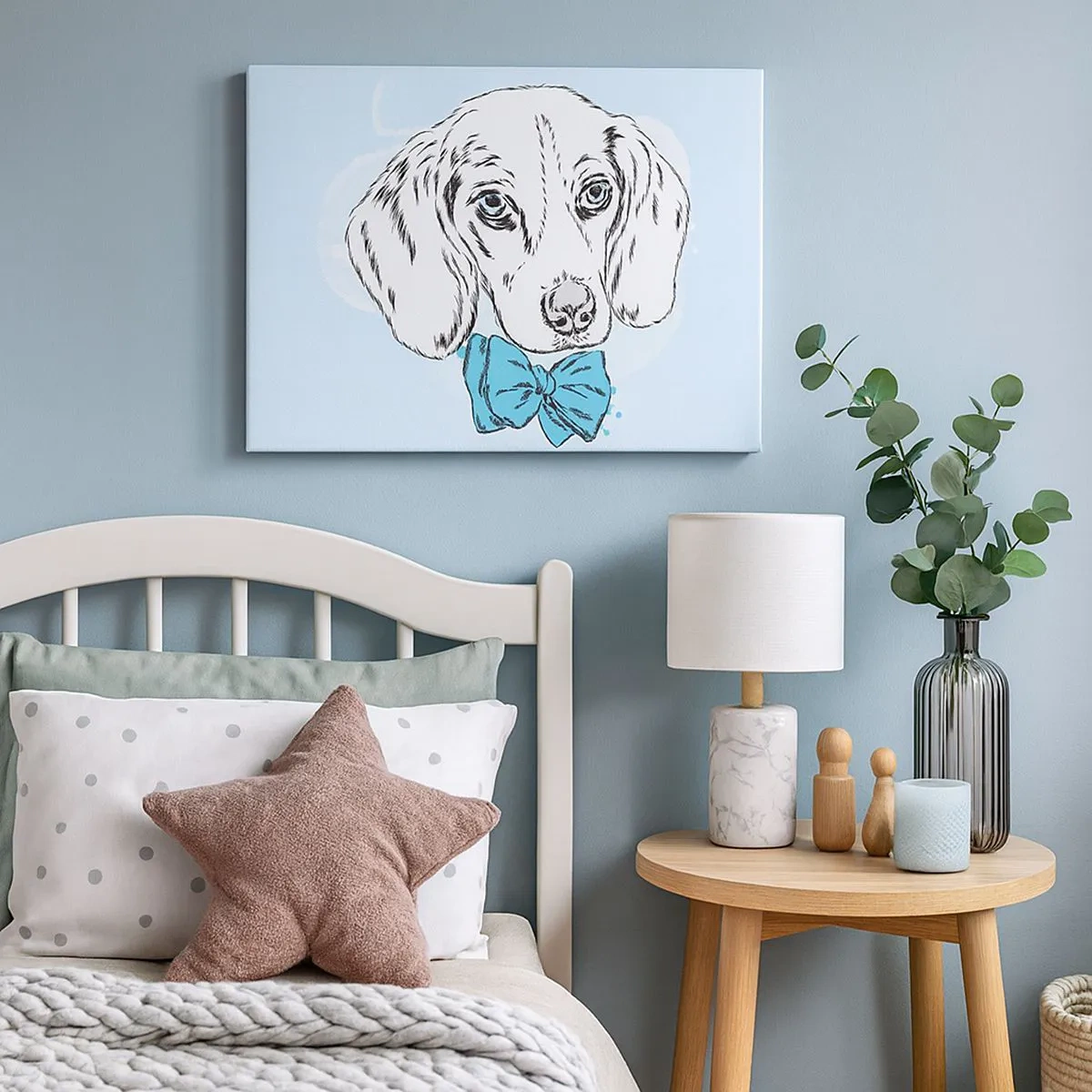 Canvas picture - Adorable graphic of a dog with a bow tie on a pastel background - 70x50cm - Dog Elegance - Modern wall decoration for the living room and bedroom ARTTOR