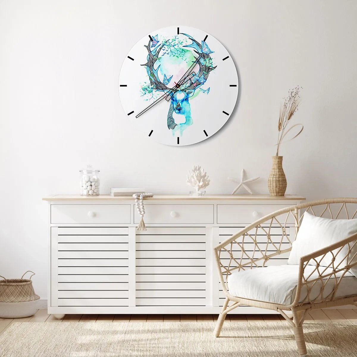 Wall clock - Clock on glass - Artistic deer with branches and butterflies on a white background - 30x30cm - Power and Gentleness of Nature - Modern wall decoration for the living room, kitchen, and bedroom ARTTOR