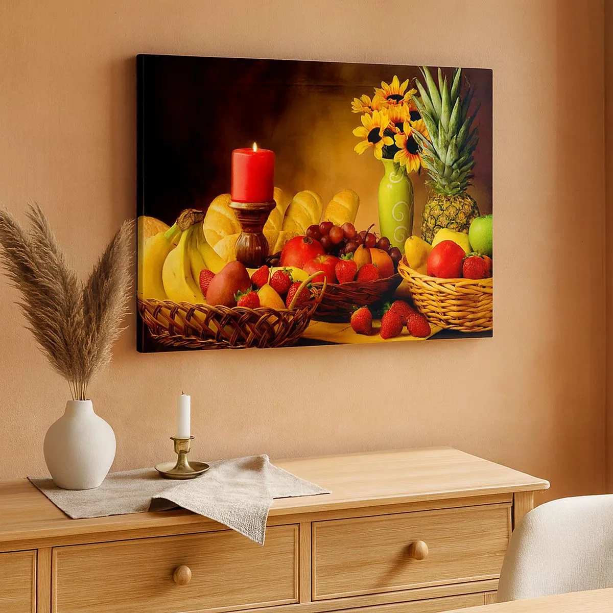 Canvas picture - Still life with fruit, bread, candle and flowers - 70x50cm - Still Nature with Bread and Fruit - Modern wall decoration for the living room and bedroom ARTTOR