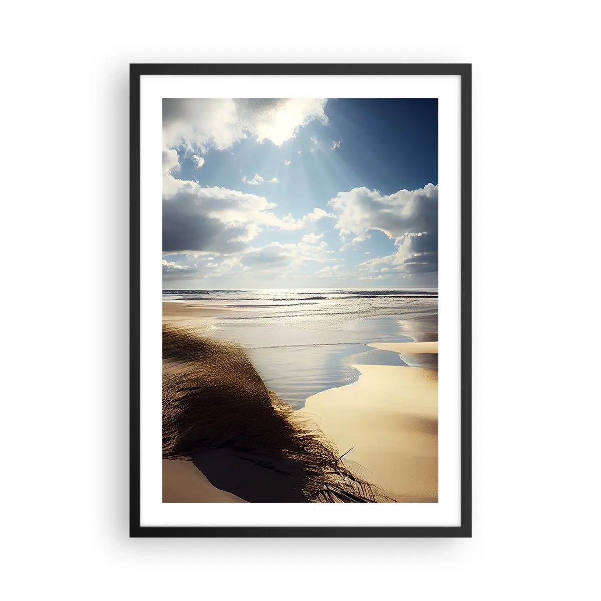 Poster in black frame - Beach at sunset with waves and clouds - 50x70cm - Beach, Wild Beach - Modern wall decoration for the living room and bedroom ARTTOR