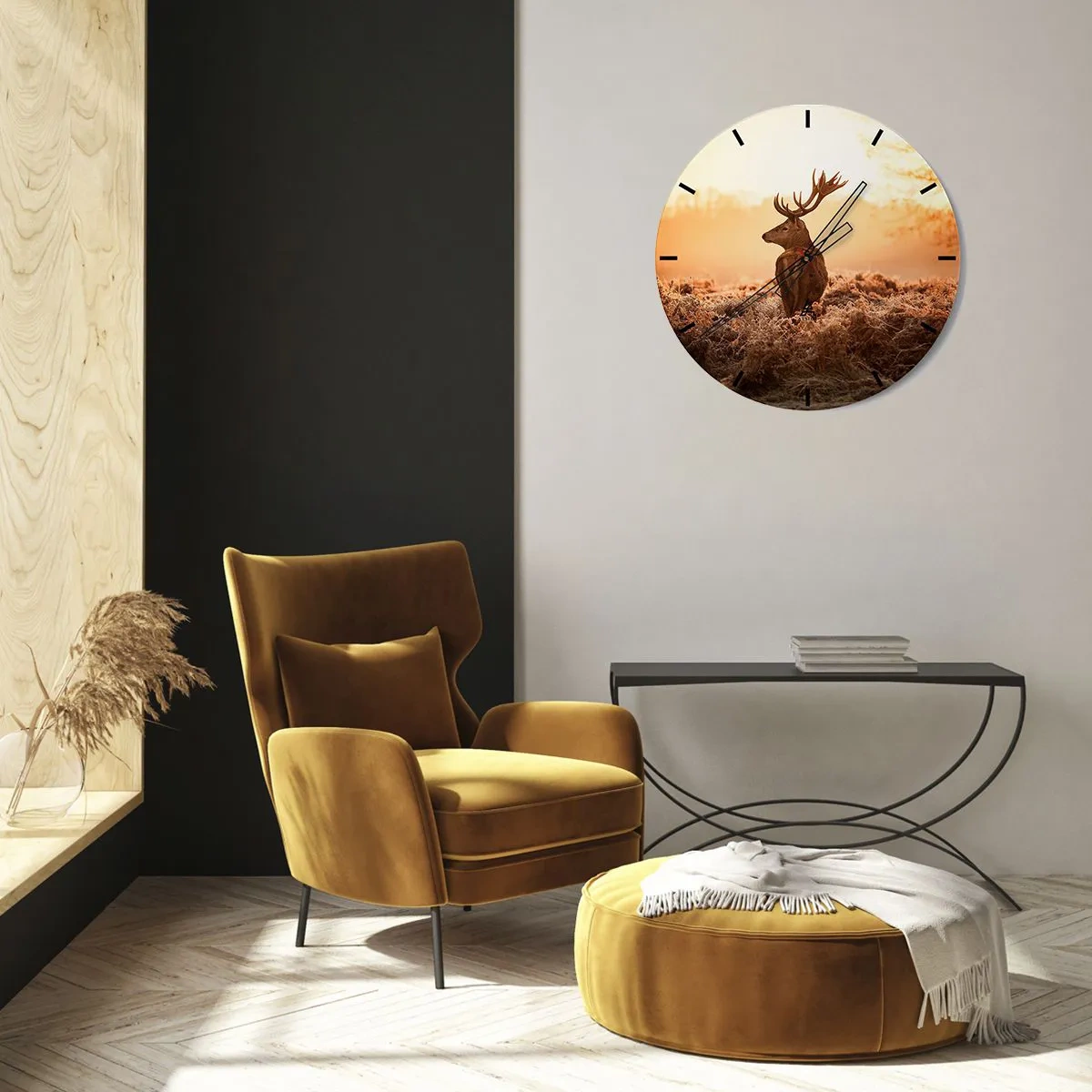 Wall clock - Clock on glass - Deer in the morning mist in warm shades of gold - 30x30cm - Master of the Moor - Modern wall decoration for the living room, kitchen, and bedroom ARTTOR