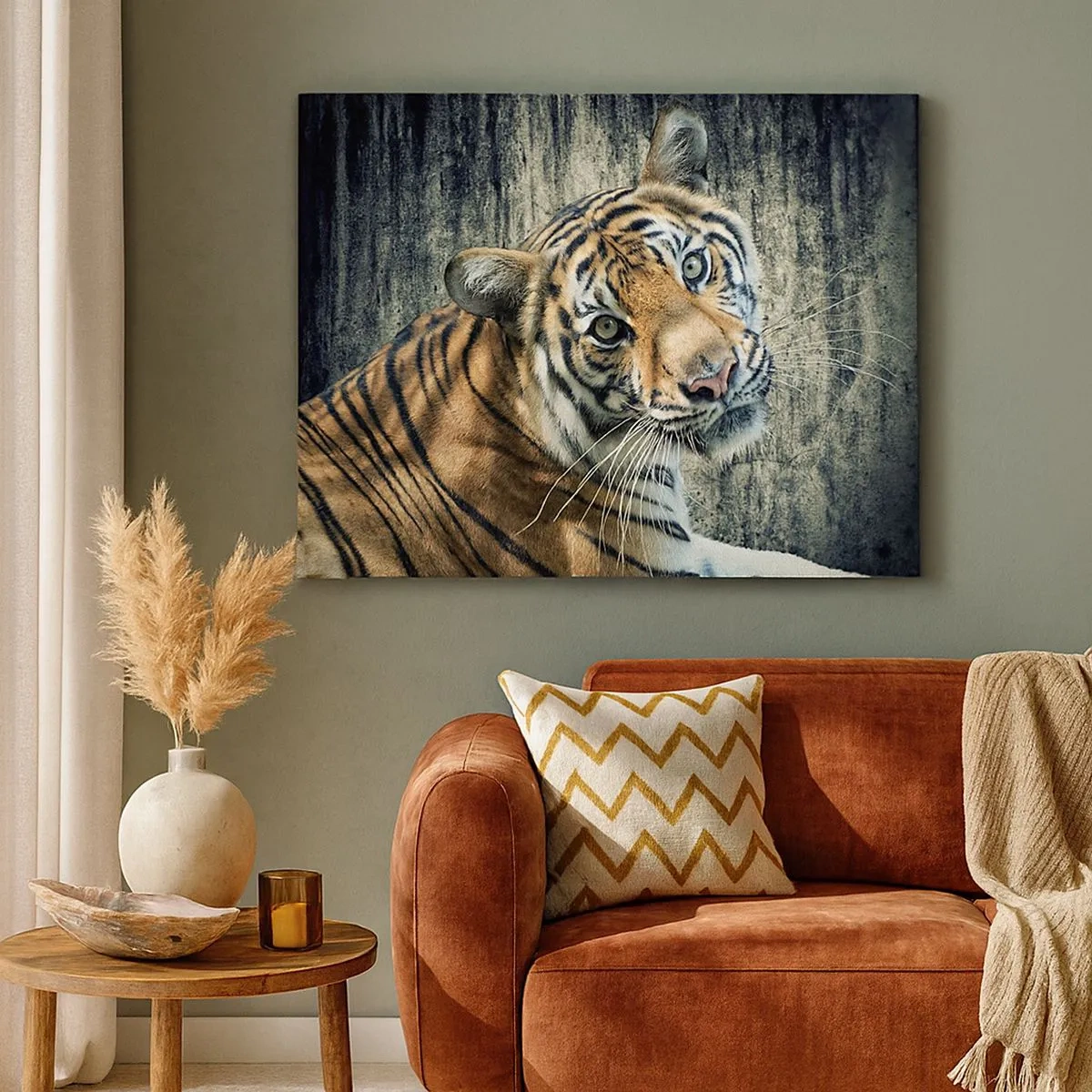 Canvas picture - A tiger lying against a rough textured wall - 70x50cm - Portrait in Rays of Light - Modern wall decoration for the living room and bedroom ARTTOR