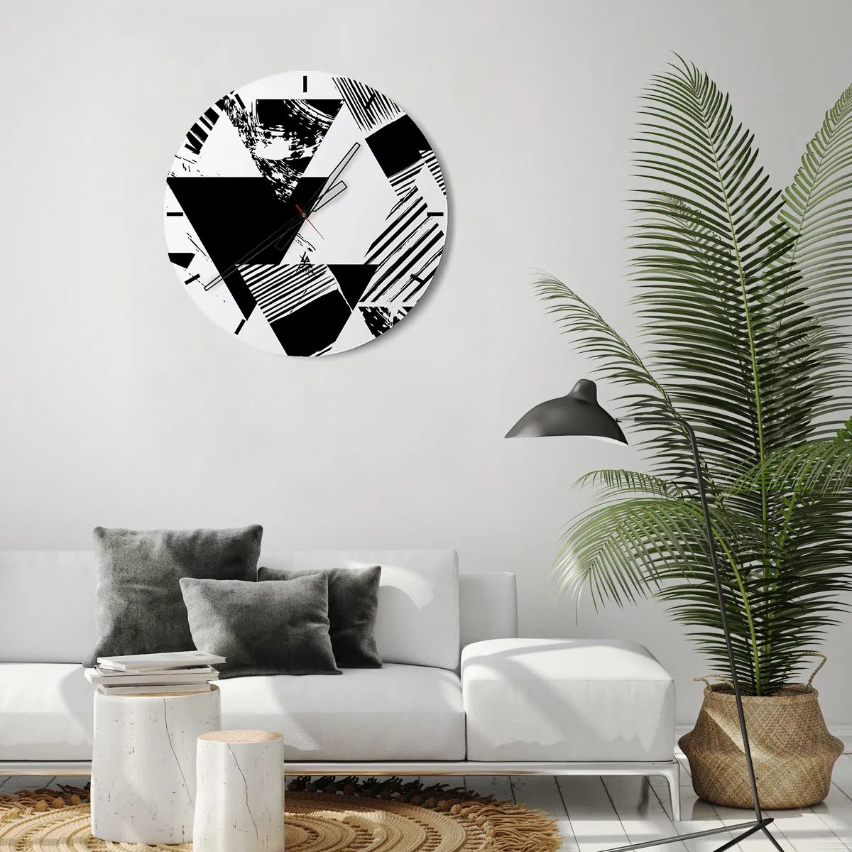 Wall clock - Clock on glass - Black and white geometric composition with triangles - 30x30cm - Rain of Triangles - Modern wall decoration for the living room, kitchen, and bedroom ARTTOR