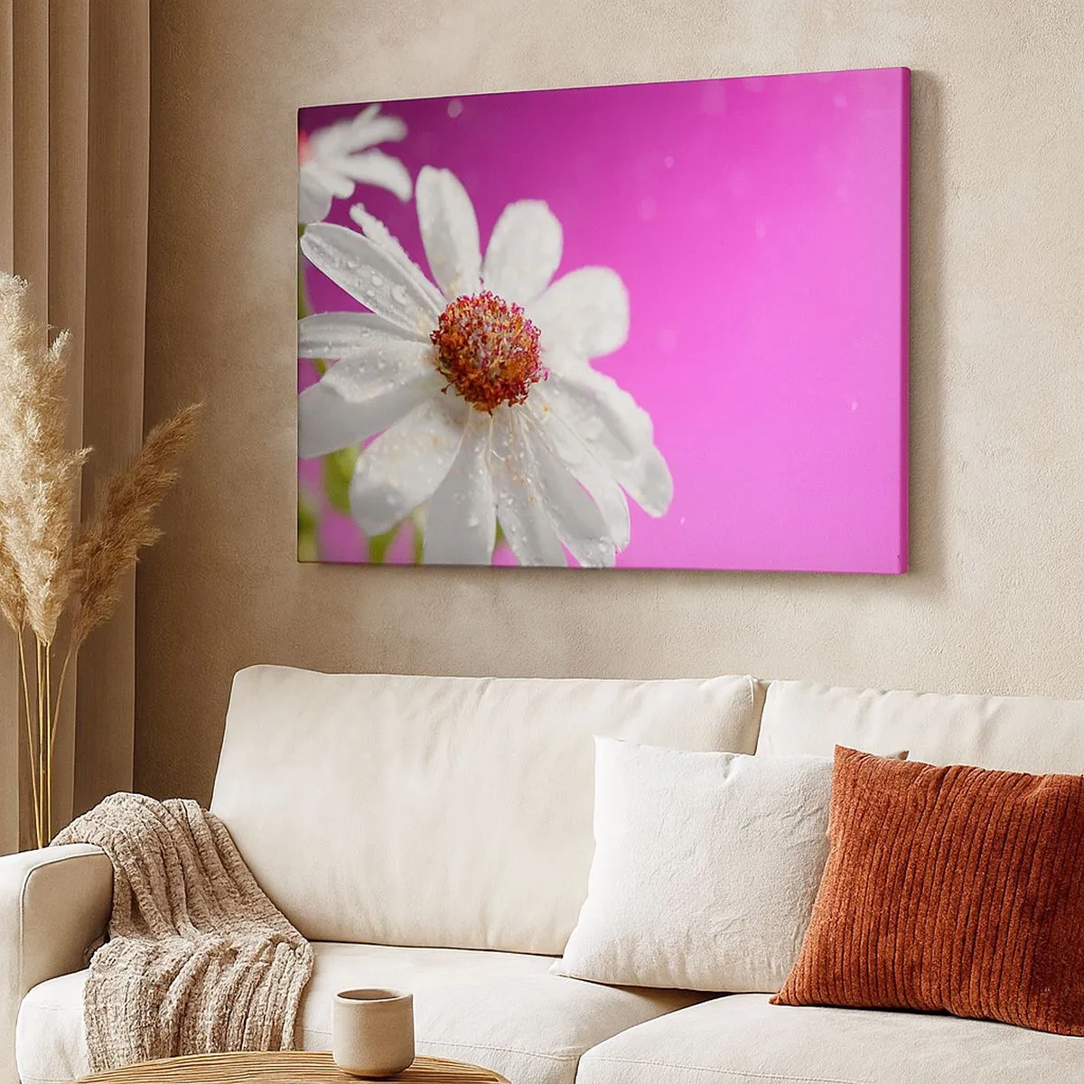 Canvas picture - A white daisy covered with water drops on a pink background - 70x50cm - Modest in Its Beauty - Modern wall decoration for the living room and bedroom ARTTOR