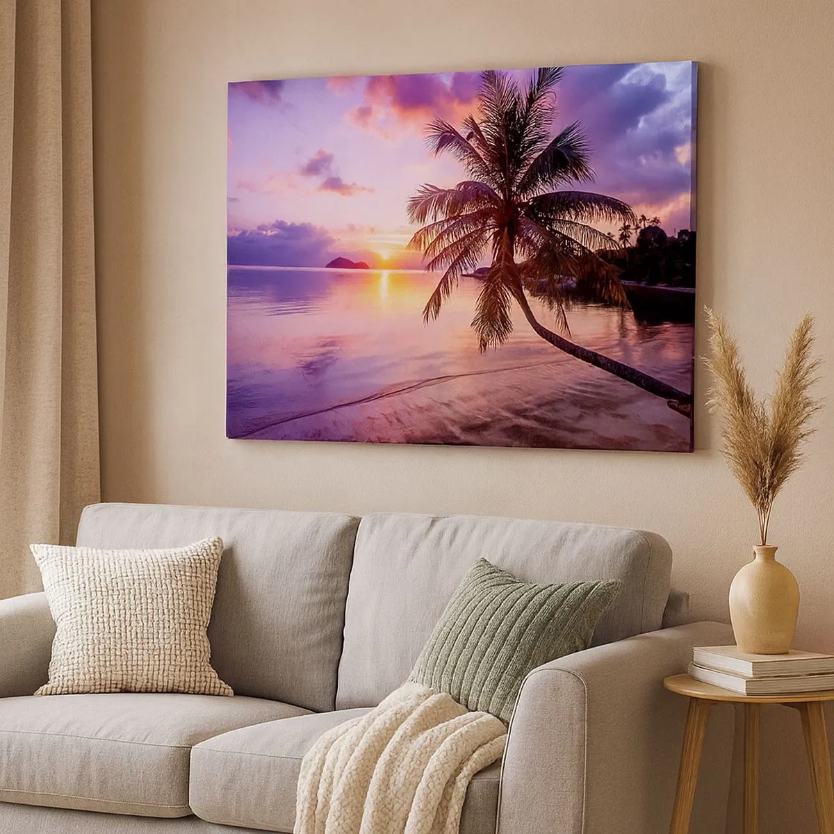 Canvas picture - Tropical beach with palm tree at sunset - 70x50cm - Bliss up to the Horizon - Modern wall decoration for the living room and bedroom ARTTOR