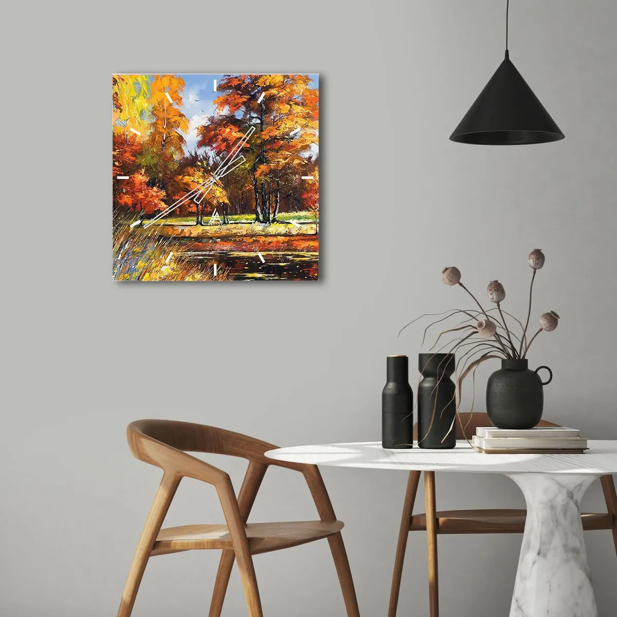 Wall clock - Clock on glass - Landscape in Gold and Brown - 30x30 cm