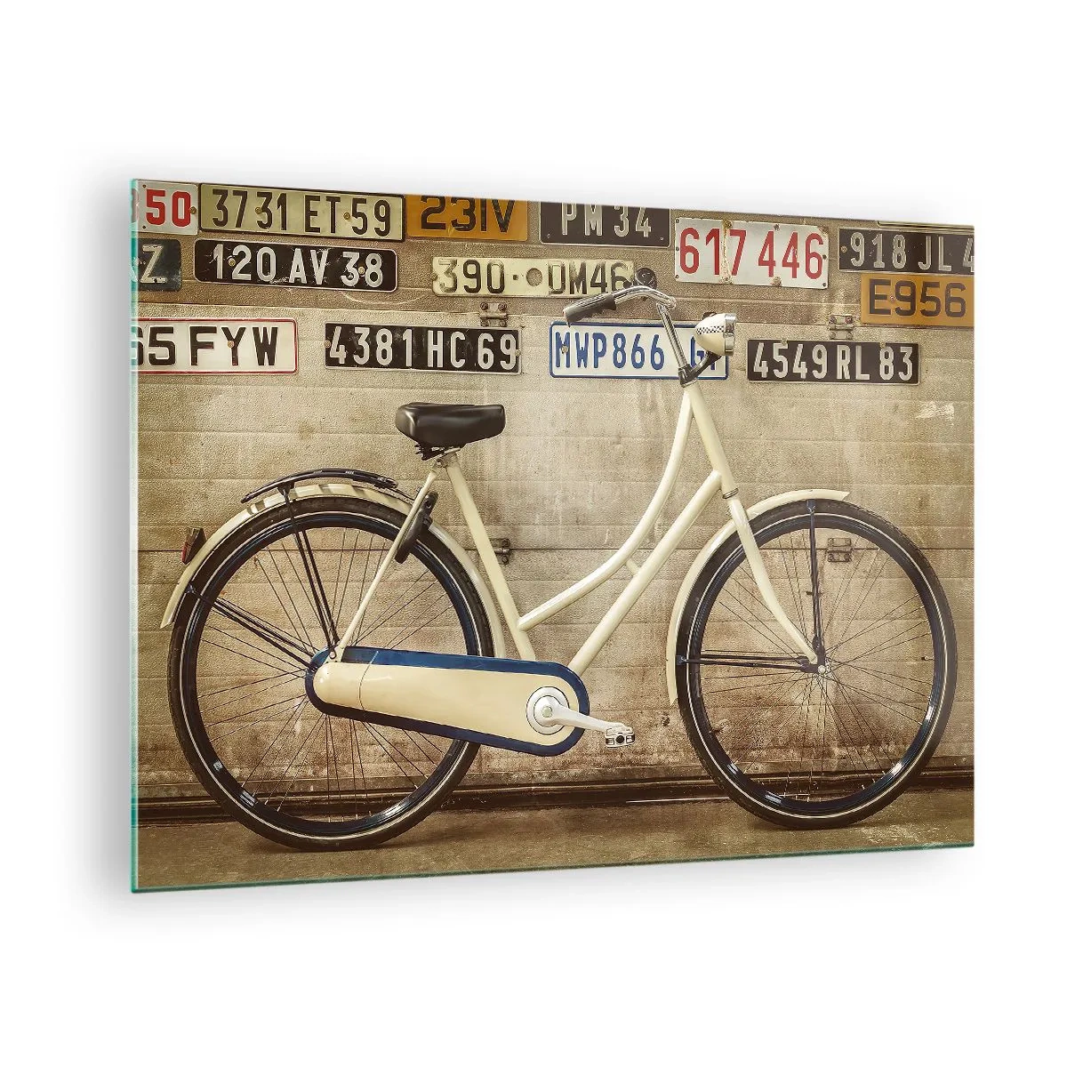 Glass picture - An old bicycle against a wall with license plates - 70x50cm - Without Complexes - Modern wall decoration for the living room and bedroom ARTTOR