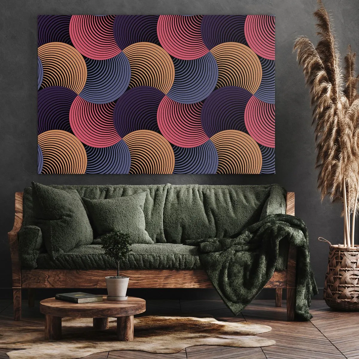 Canvas picture - Geometric circles in shades of pink, purple, and gold - 70x50cm - In a Circular Rhythm - Modern wall decoration for the living room and bedroom ARTTOR