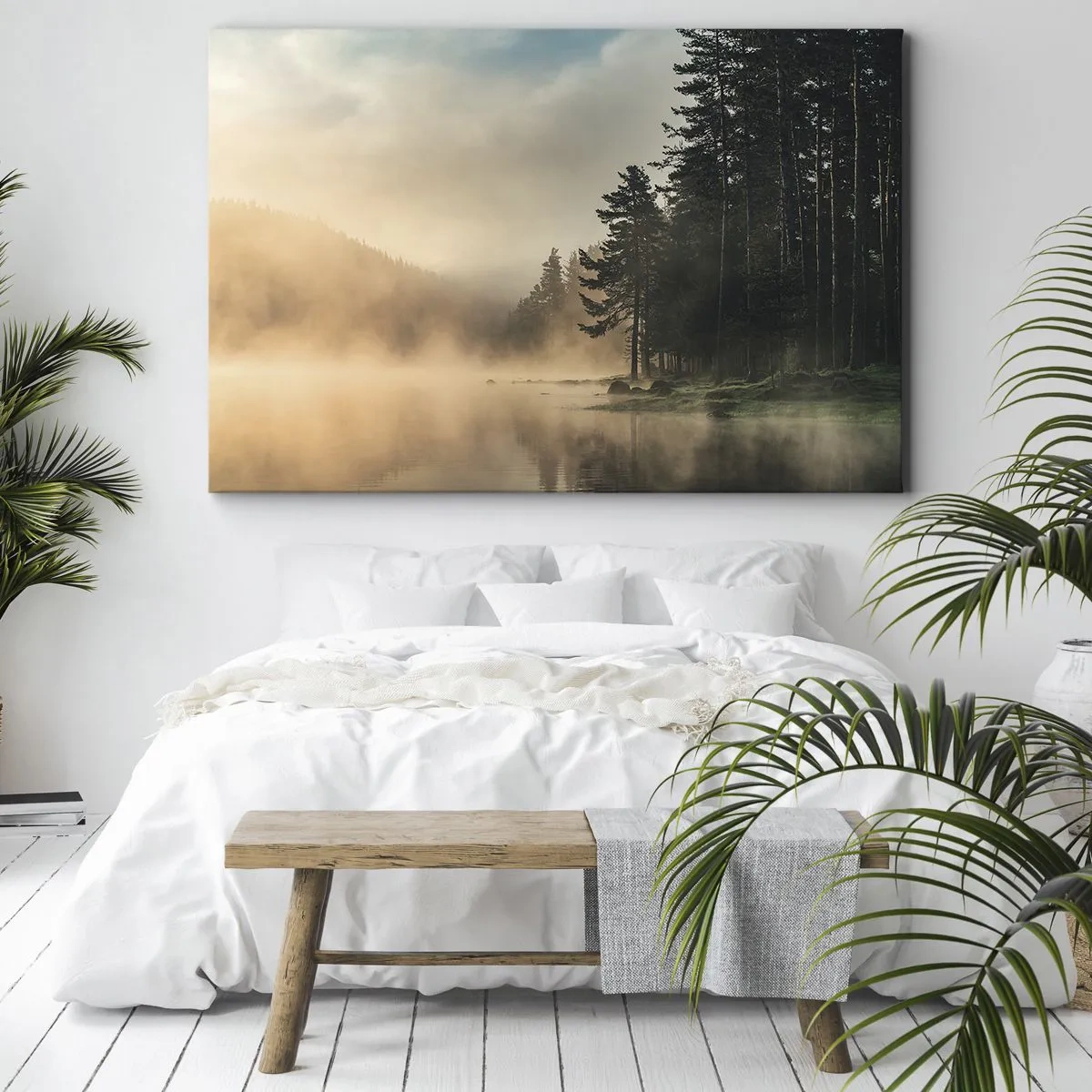 Canvas picture - A misty forest over a calm lake - 70x50cm - Birth of a Day - Modern wall decoration for the living room and bedroom ARTTOR