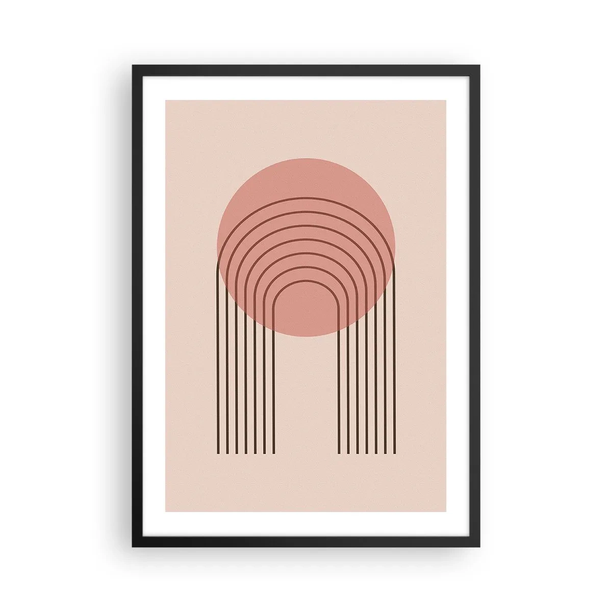 Poster in black frame - A minimalist abstraction with arcs in shades of pink and beige. - 50x70cm - Irresistible Attraction - Modern wall decoration for the living room and bedroom ARTTOR