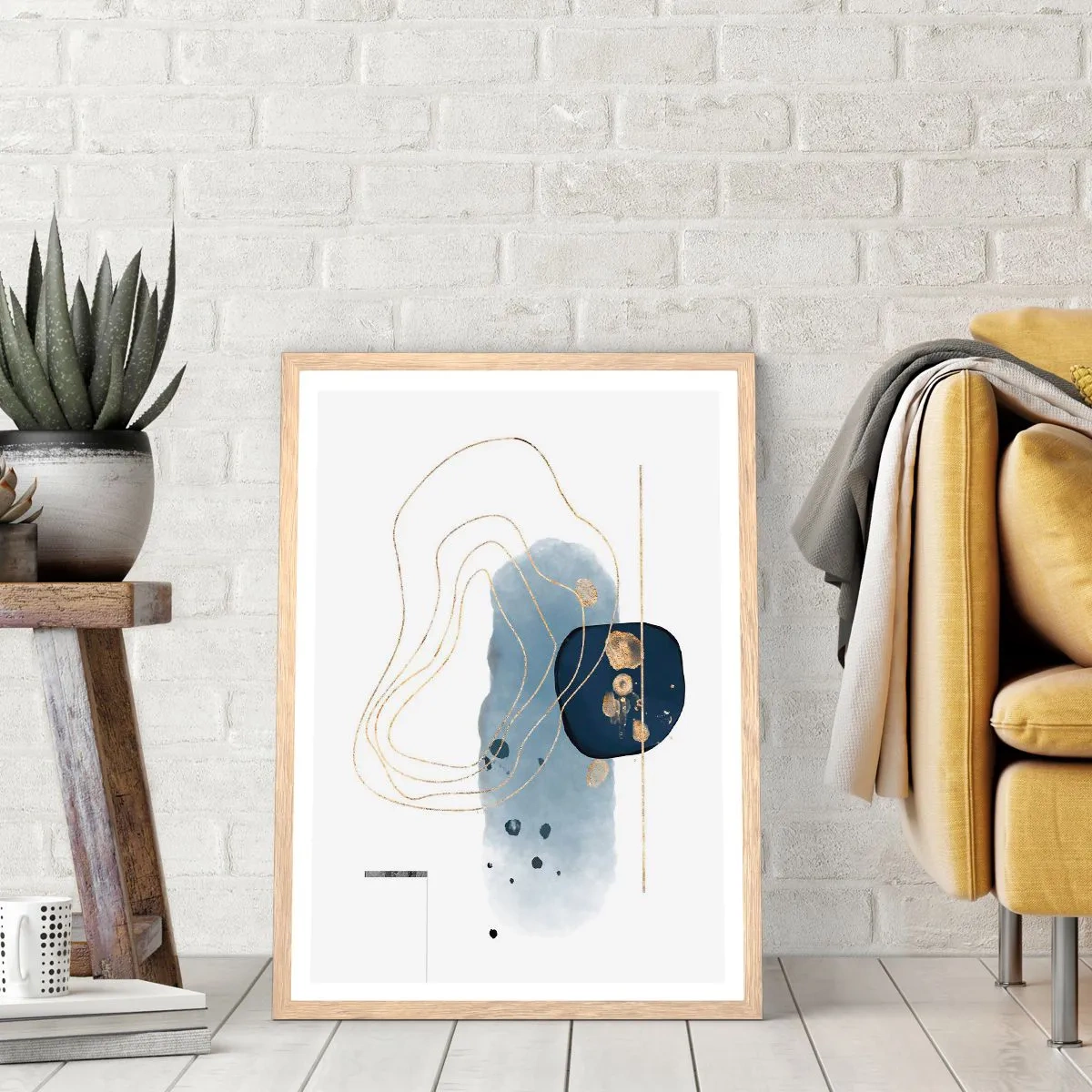 Poster in light oak frame - Blue and Gold Fantasy - 70x100 cm