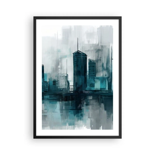 Poster in black frame - A modern city panorama in shades of blue - 50x70cm - City in the Colour of Rain - Modern wall decoration for the living room and bedroom ARTTOR