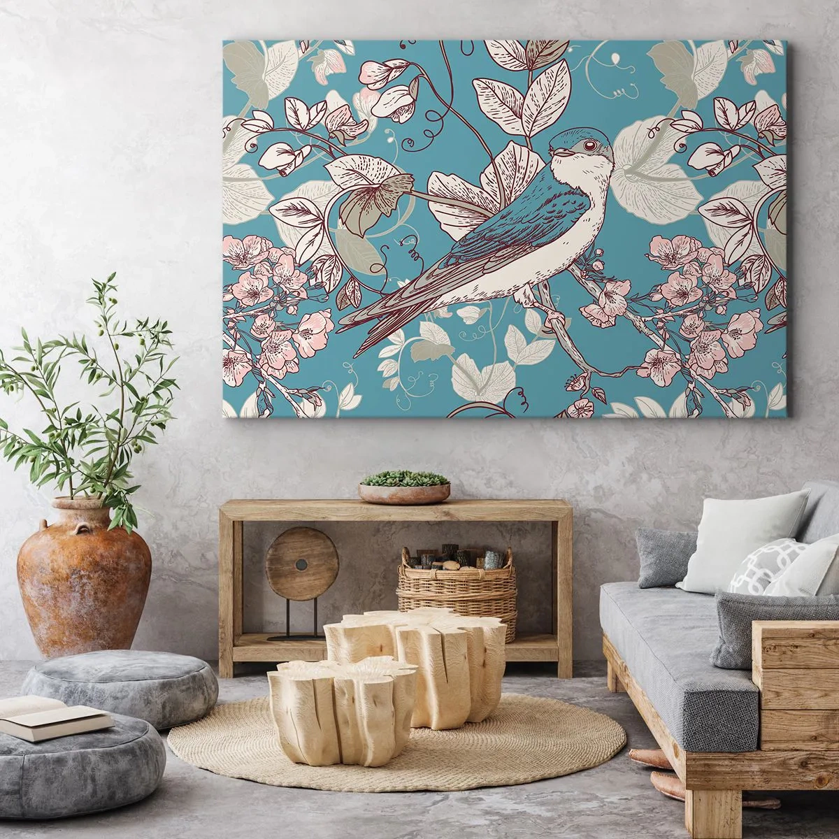 Canvas picture - A bird on a branch in a delicate floral style - 70x50cm - In the Whitewood Chirps and Silvery - Modern wall decoration for the living room and bedroom ARTTOR