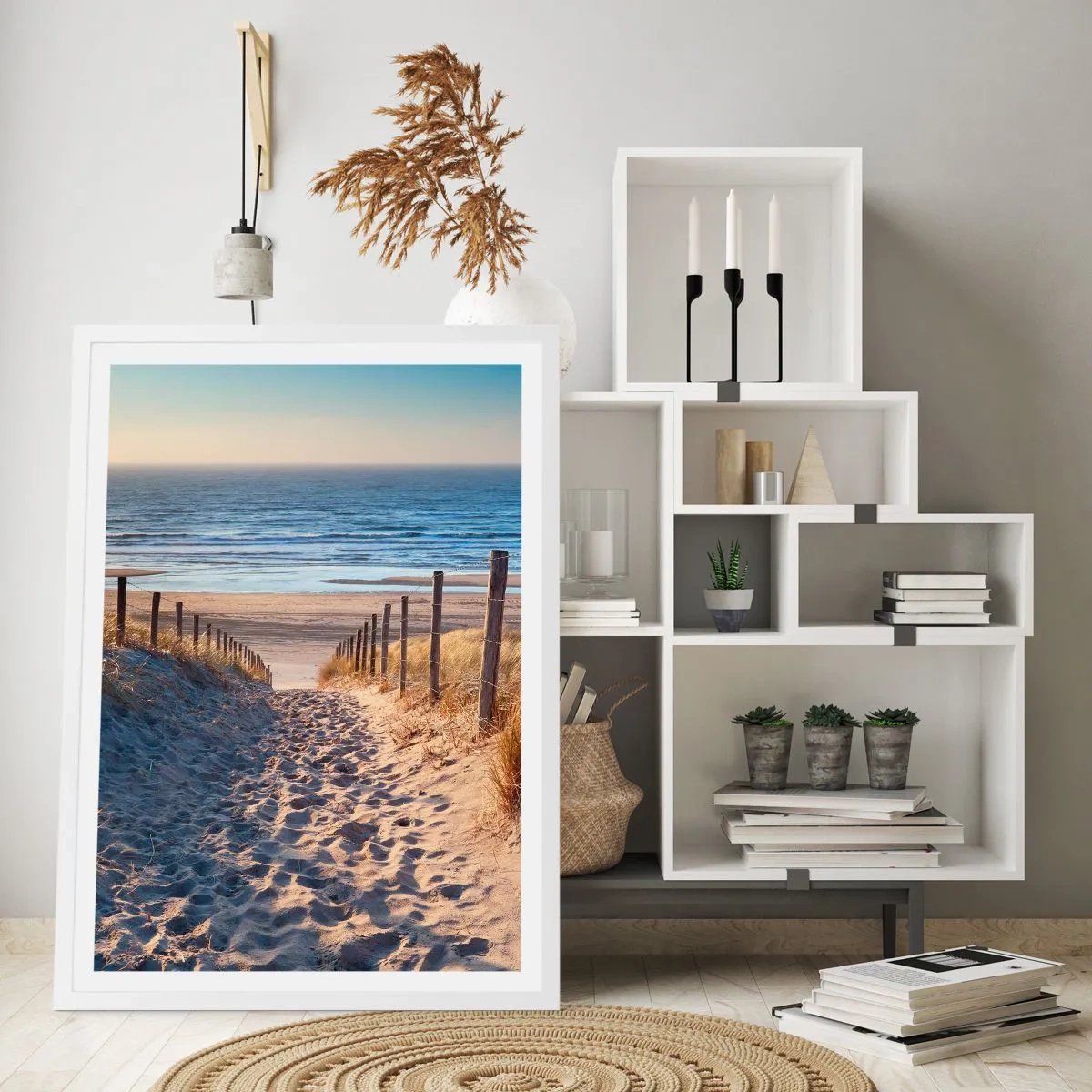 Poster in white frmae - Sound of the Sea, Singing of the Birds, Wild Beach among Grass - 50x70 cm