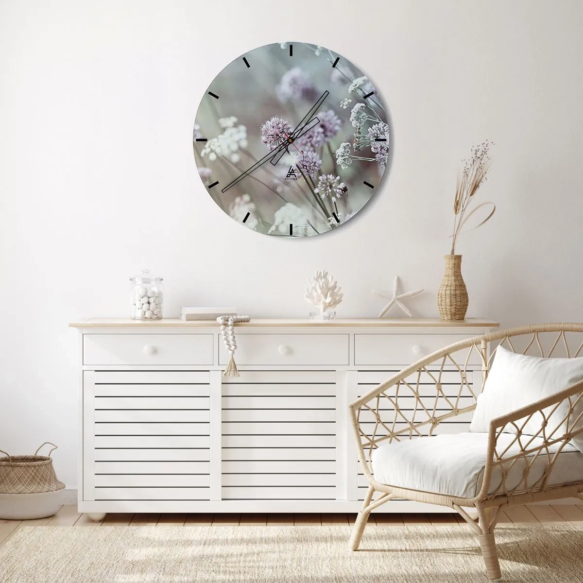 Wall clock - Clock on glass - Sweet Filigrees of Herbs - 30x30 cm