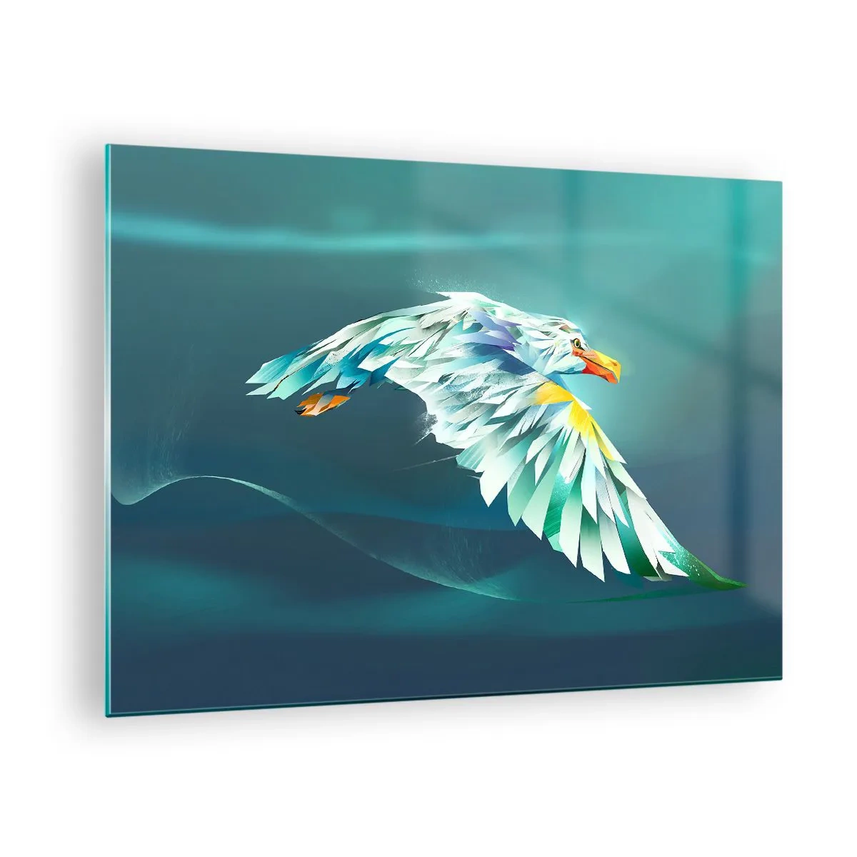 Glass picture - An abstract image of an eagle in shades of blue and white against a background of waves. - 70x50cm - Flight of an Eagle - Modern wall decoration for the living room and bedroom ARTTOR