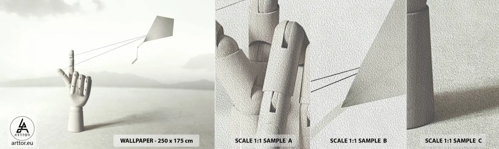 Photo Wallpaper Sample Premium Sand - Test of Strengths - Abstraction, Hand, Kite - 100x30 cm