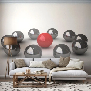 Custom Self-Adhesive Wallpaper Deluxe Sticker - Circle in Silver and Red - Abstraction, 3D, Round Balls