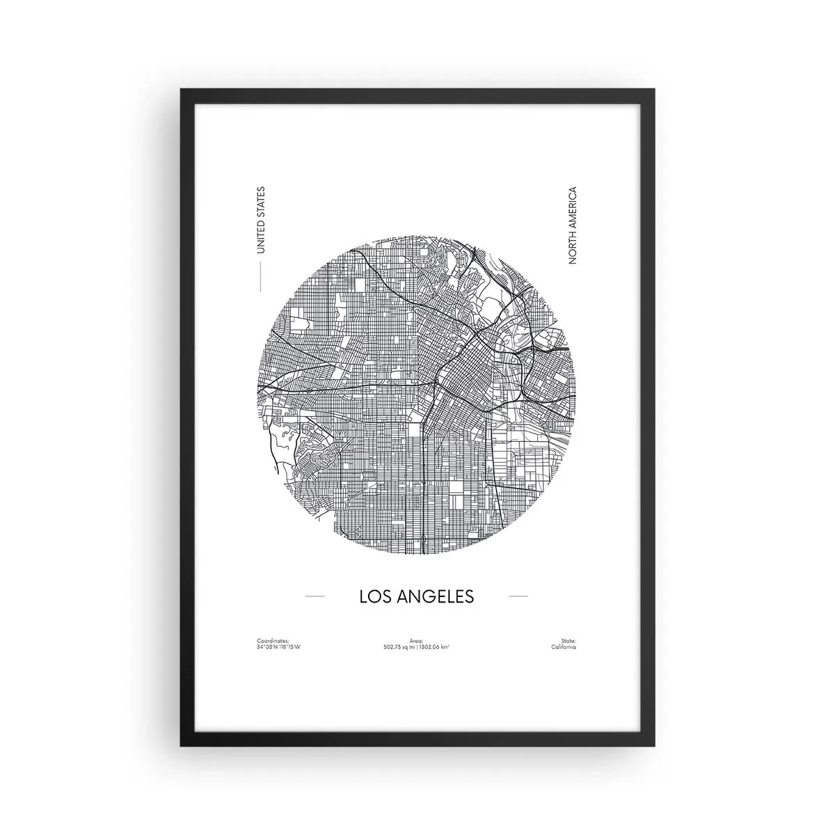 Poster in black frame - A minimalist map of Los Angeles in black and white. - 50x70cm - Anatomy of Los Angeles - Modern wall decoration for the living room and bedroom ARTTOR