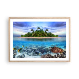 Poster in light oak frame - Heavenly Island Invites You - 70x50 cm