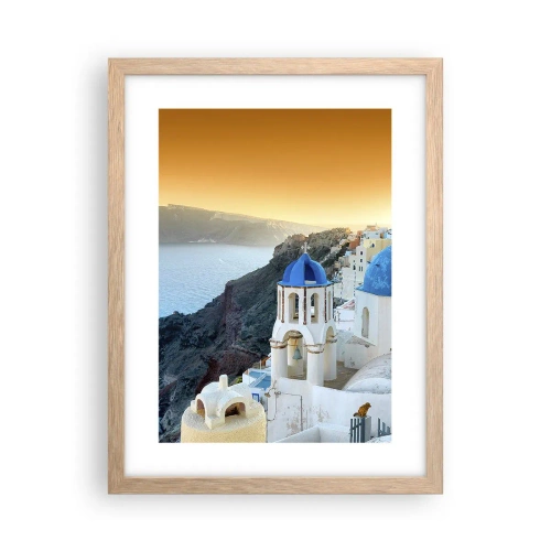 Poster in light oak frame - Santorini - Snuggling up to the Rocks - 30x40 cm