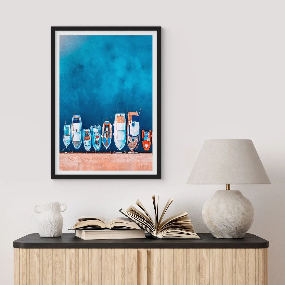 Poster in black frame - A bird's eye view of boats moored in a blue bay - 50x70cm - In One Row - Modern wall decoration for the living room and bedroom ARTTOR